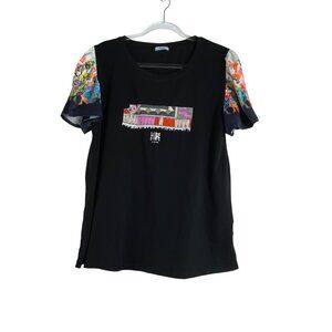 Riani Black T-Shirt Colorful Floral Sleeves & Graphic Detail‎ XL Festive Casual